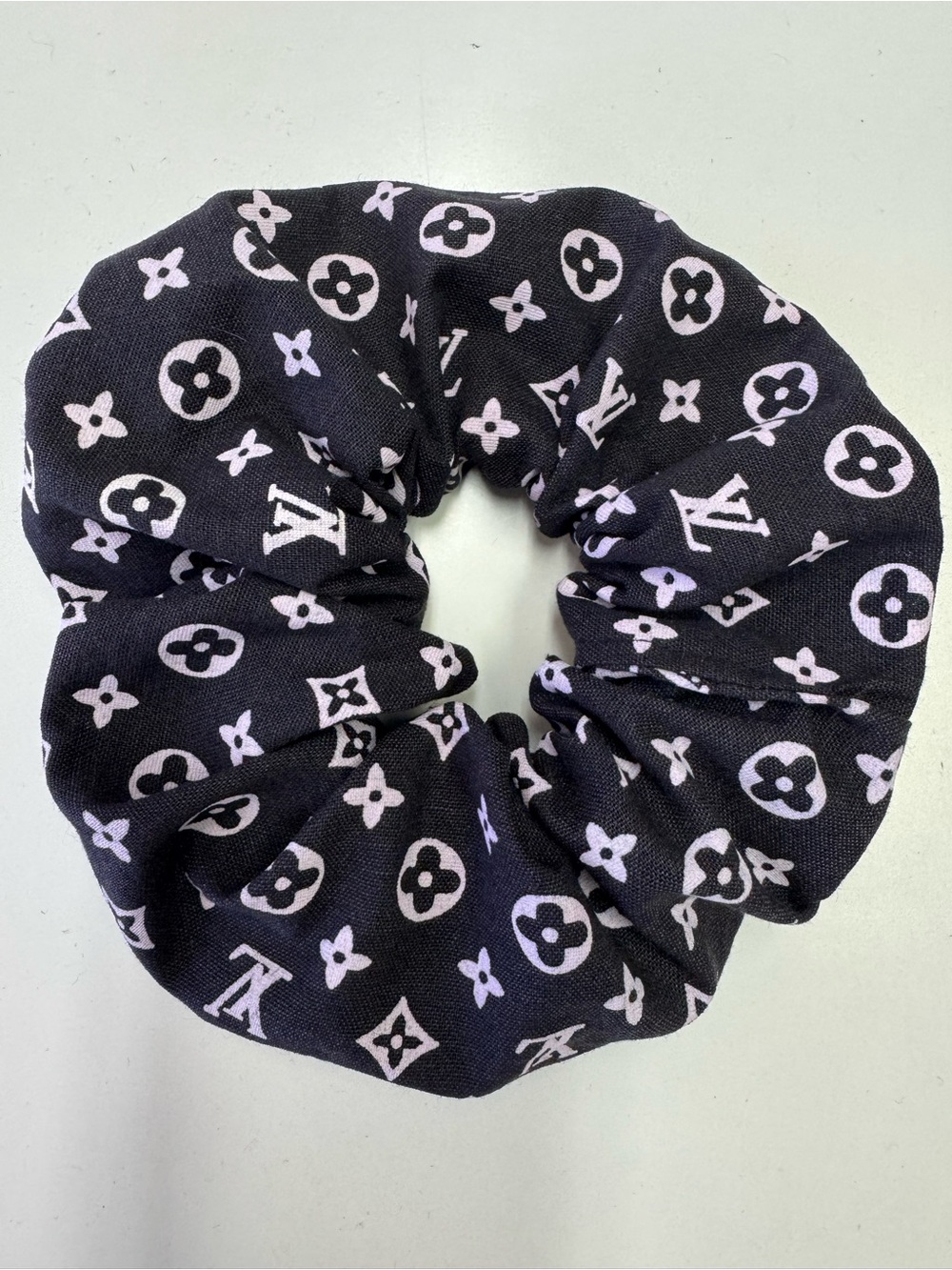 Luxury  brand inspired print fabric  Black & Lilac Monogram Scrunchie NWOT